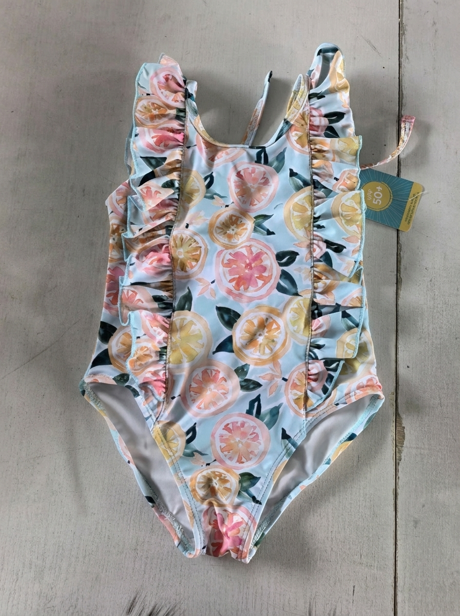 Girls One-Piece Swimsuit – Cute Fruit Print Toddler Bathing Suit | Lemon, Strawberry & Swim Ring Designs | Ages 1-6 Years