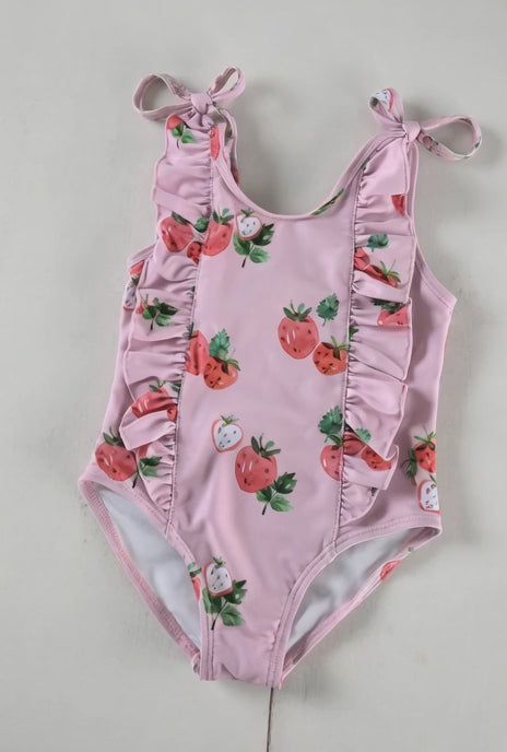 Girls One-Piece Swimsuit – Cute Fruit Print Toddler Bathing Suit | Lemon, Strawberry & Swim Ring Designs | Ages 1-6 Years